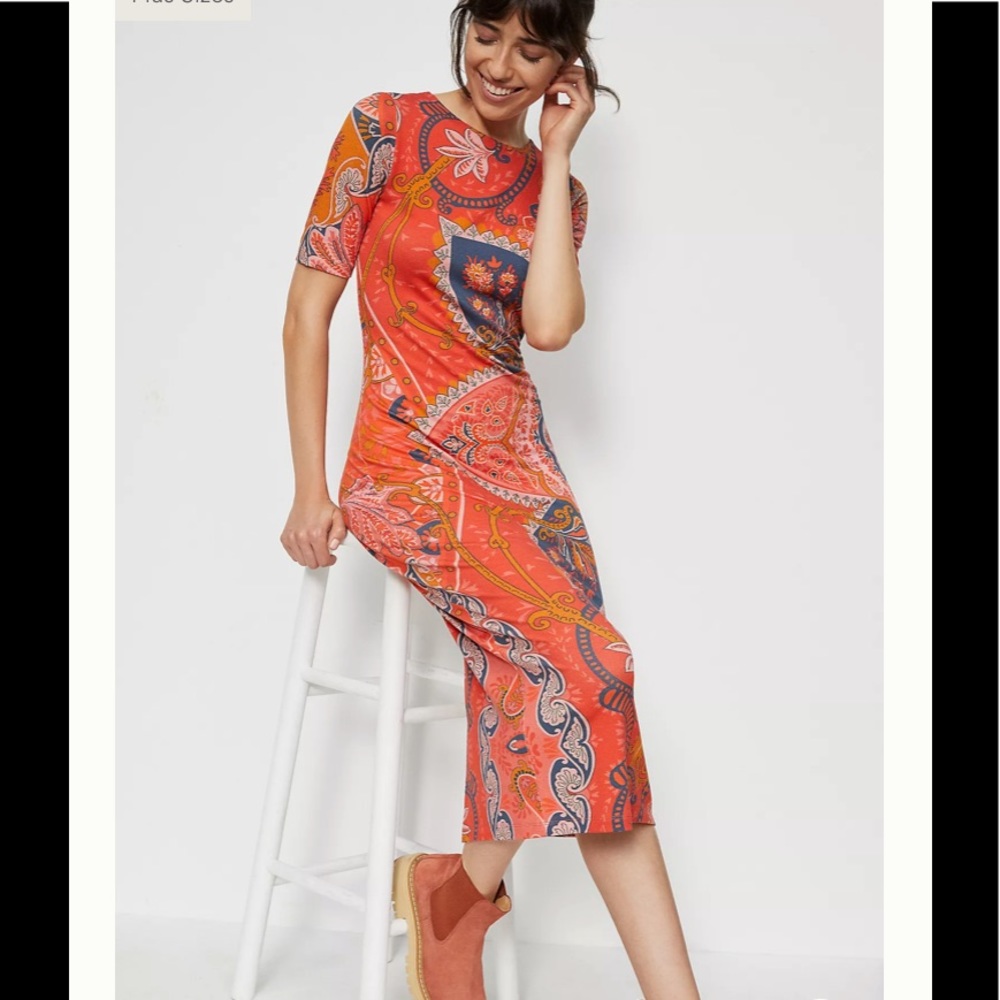 FARM Rio Orange Paisley Midi Dress with Navy & Pink Accents
